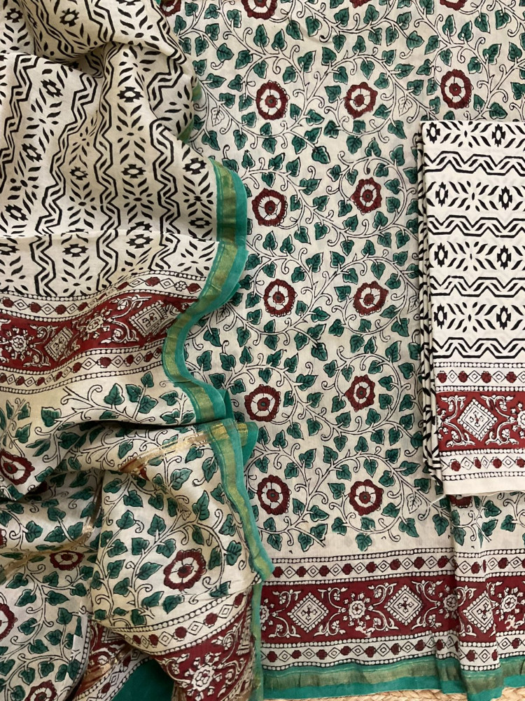 Image of Pure Muslin Chanderi Block Printed Suit - Beige
