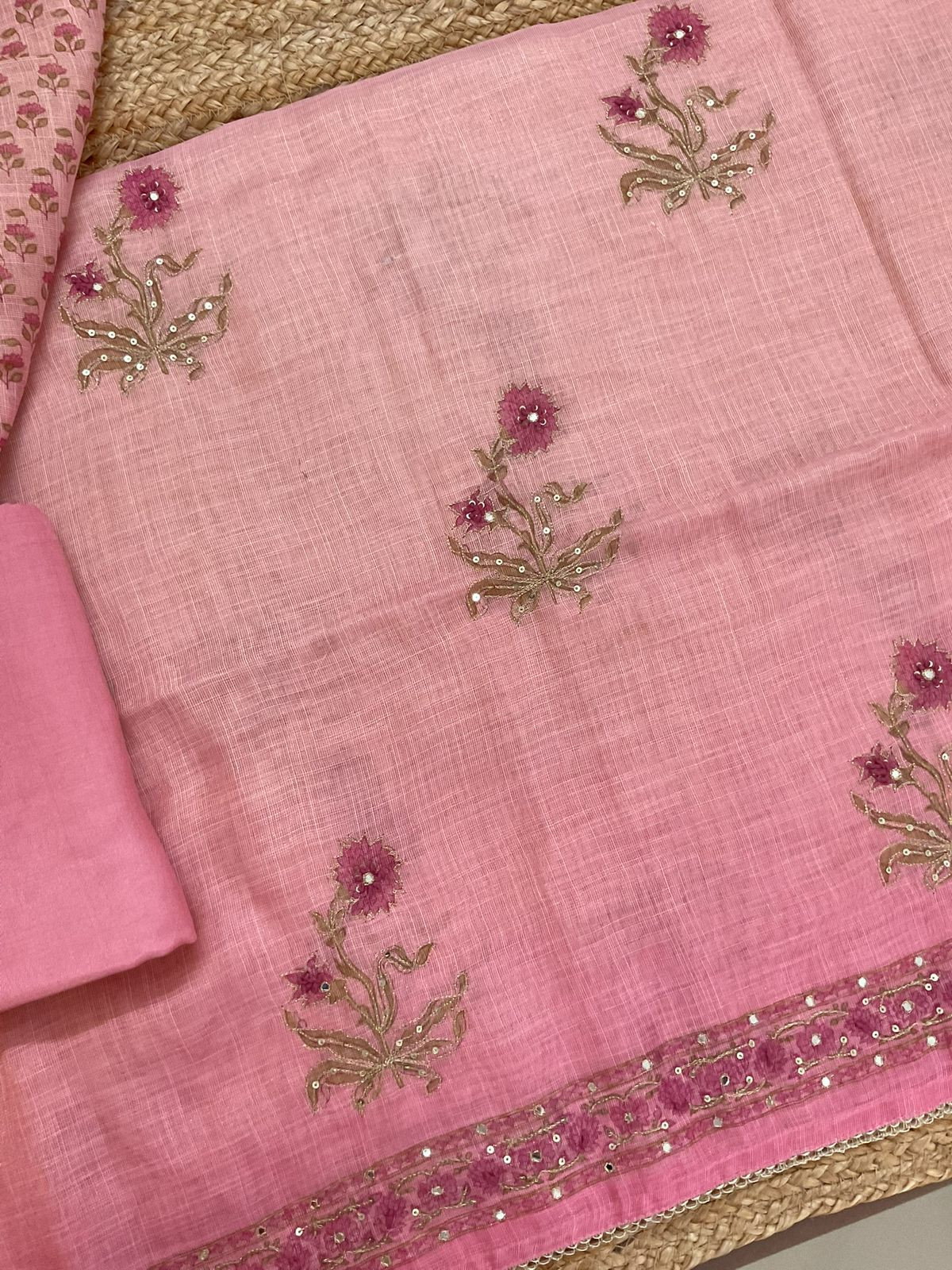 Soft Tissue Slub Cotton Printed Embroidered Suit - Pink