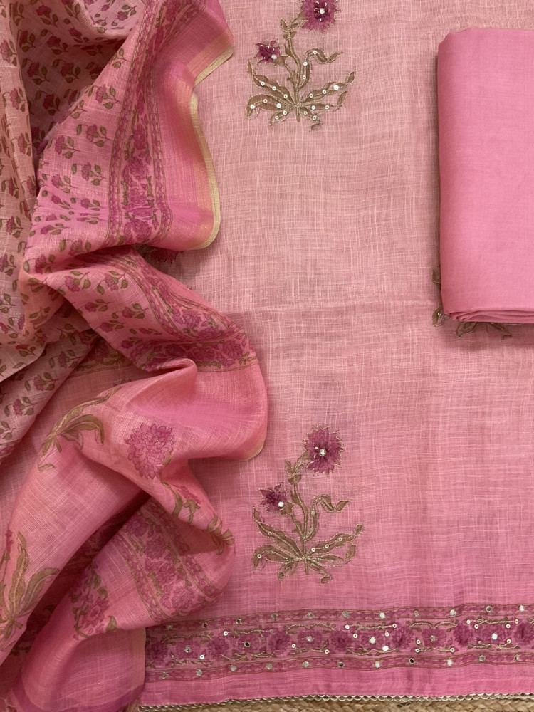 Image of Soft Tissue Slub Cotton Printed Embroidered Suit - Pink