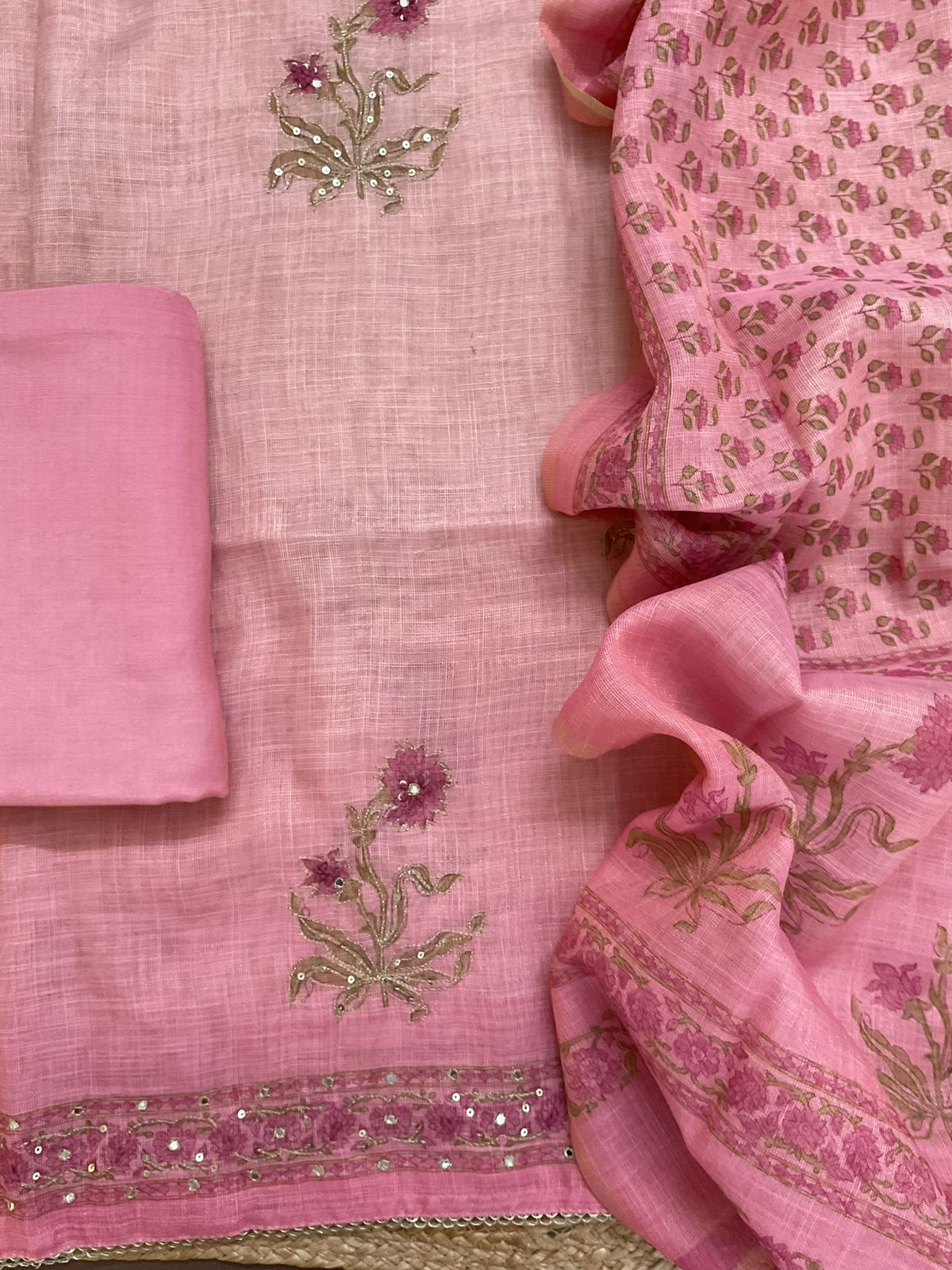 Soft Tissue Slub Cotton Printed Embroidered Suit - Pink
