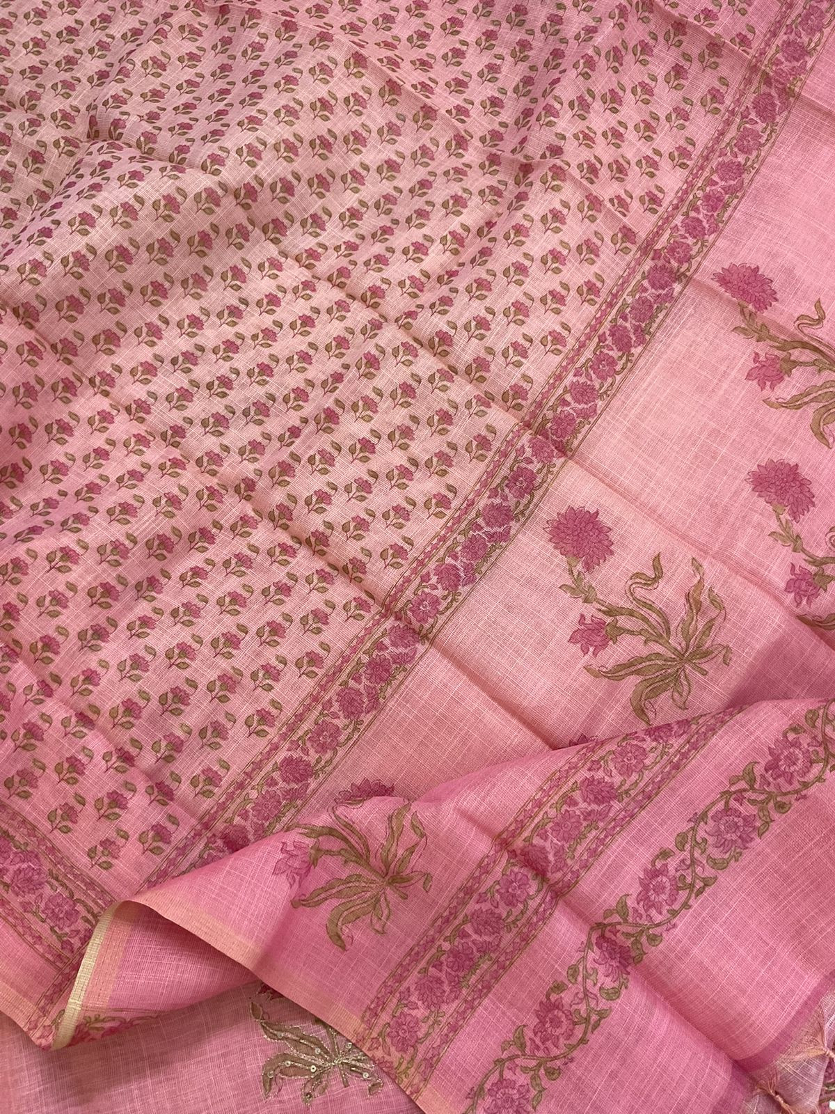 Soft Tissue Slub Cotton Printed Embroidered Suit - Pink