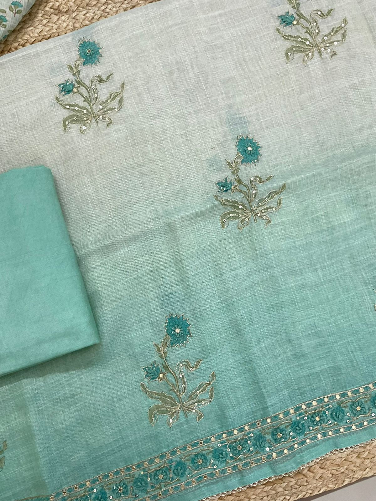 Soft Tissue Slub Cotton Printed Embroidered Suit - Green