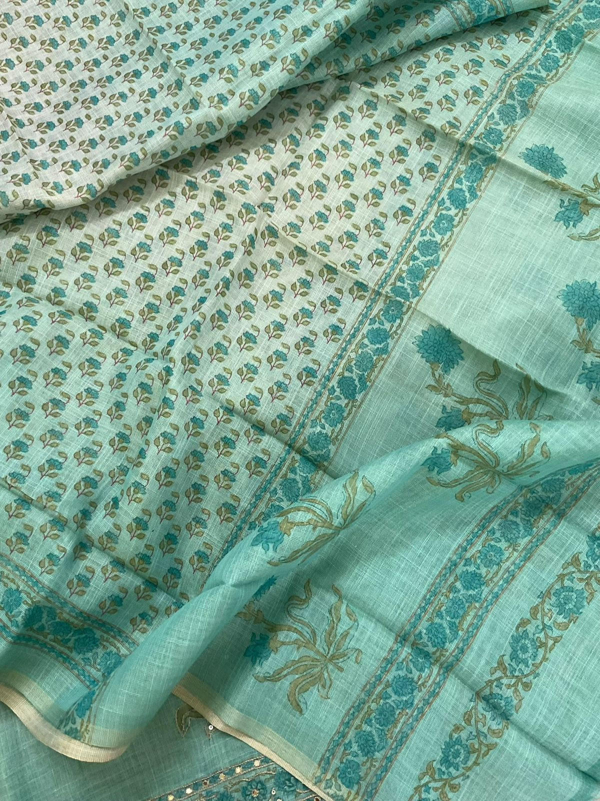 Soft Tissue Slub Cotton Printed Embroidered Suit - Green