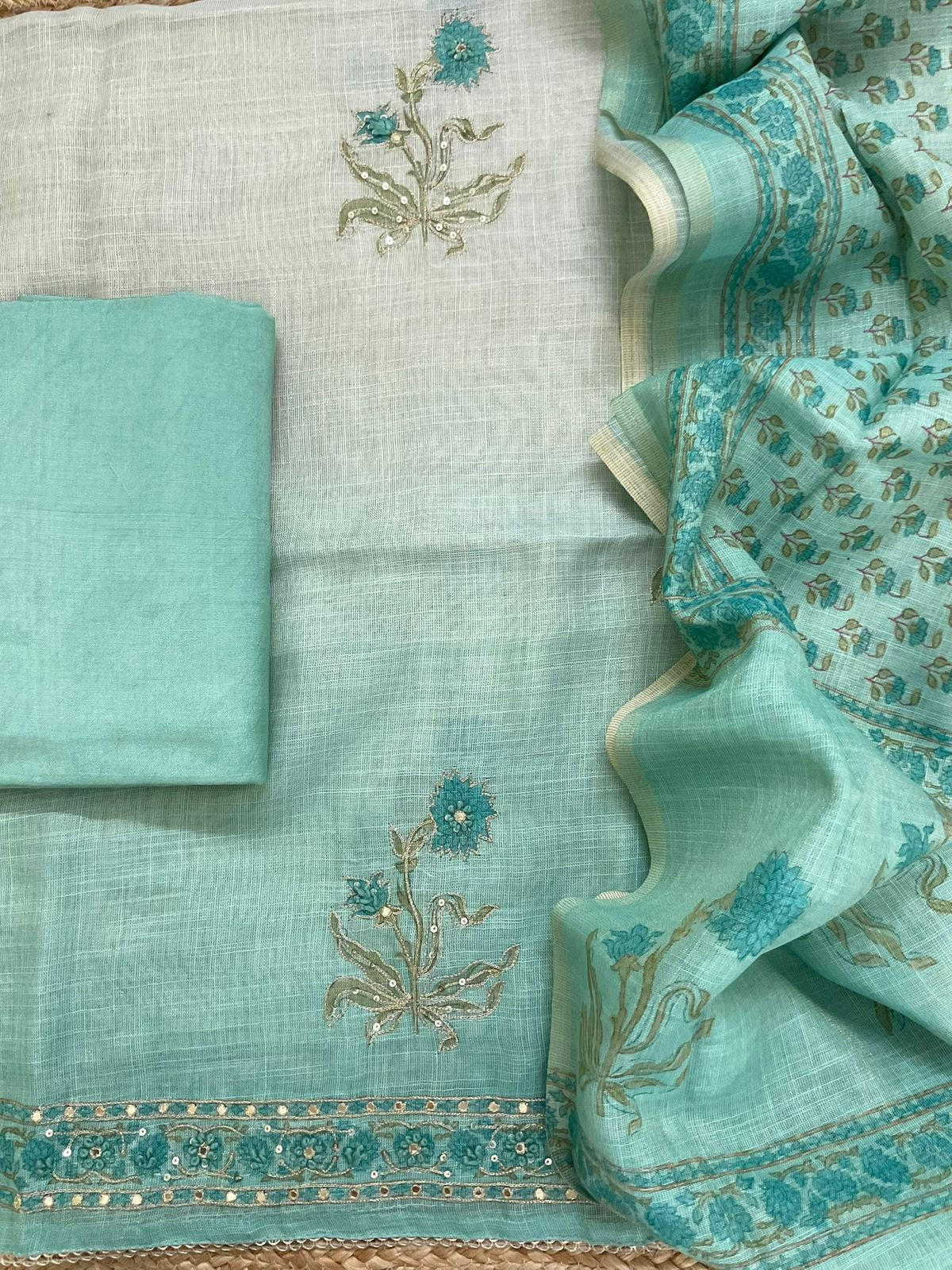 Soft Tissue Slub Cotton Printed Embroidered Suit - Green