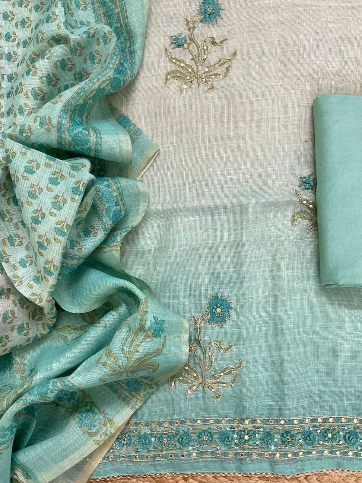 Soft Tissue Slub Cotton Printed Embroidered Suit - Green