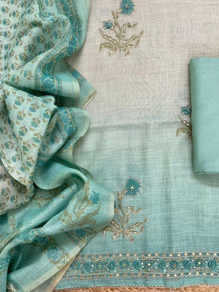 Image of Soft Tissue Slub Cotton Printed Embroidered Suit - Green