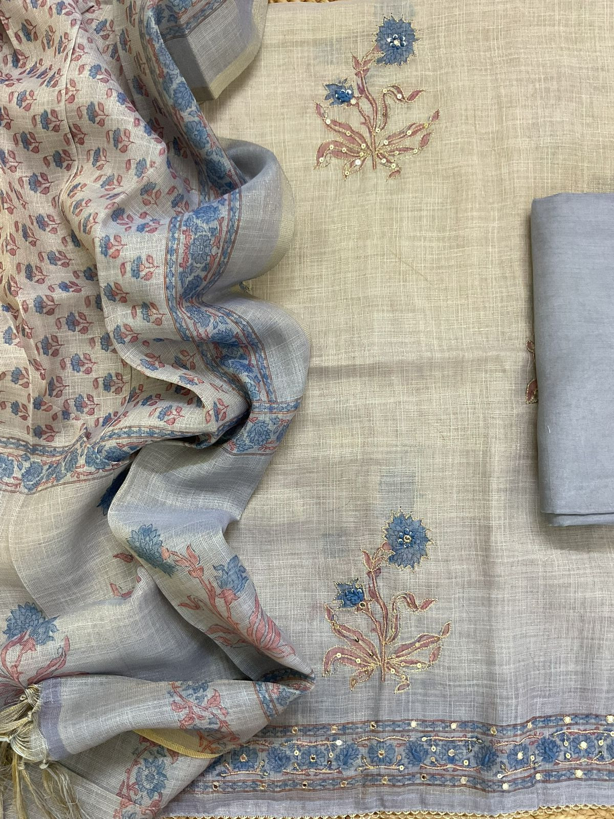 Soft Tissue Slub Cotton Printed Embroidered Suit - Blue