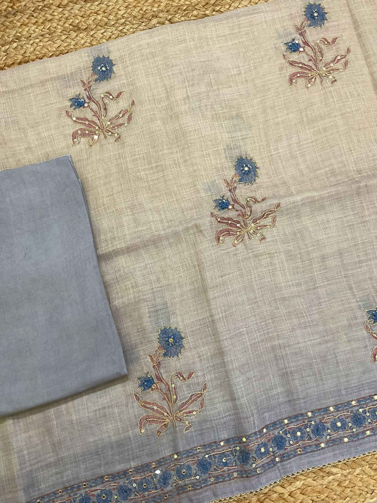 Soft Tissue Slub Cotton Printed Embroidered Suit - Blue