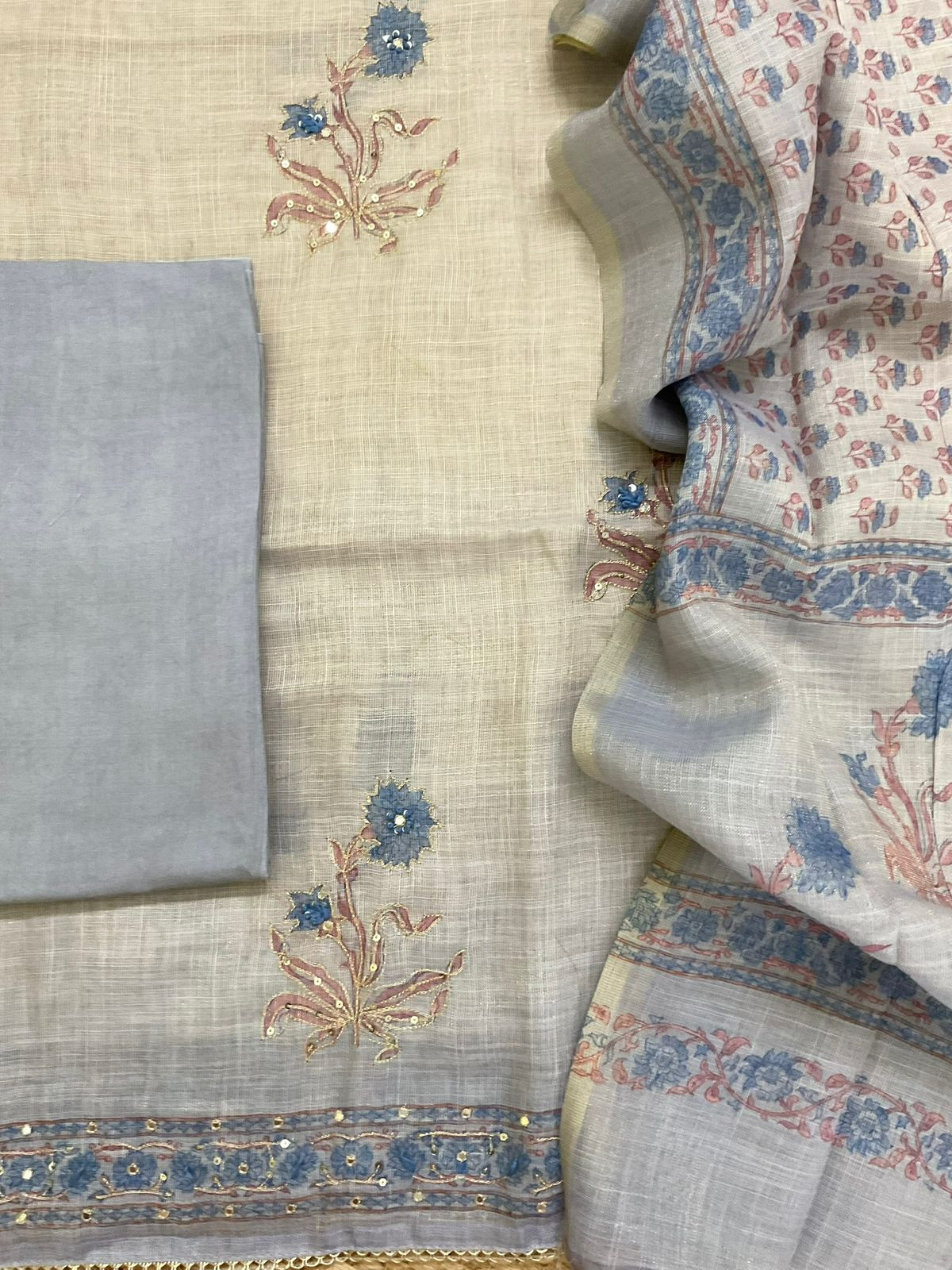 Soft Tissue Slub Cotton Printed Embroidered Suit - Blue