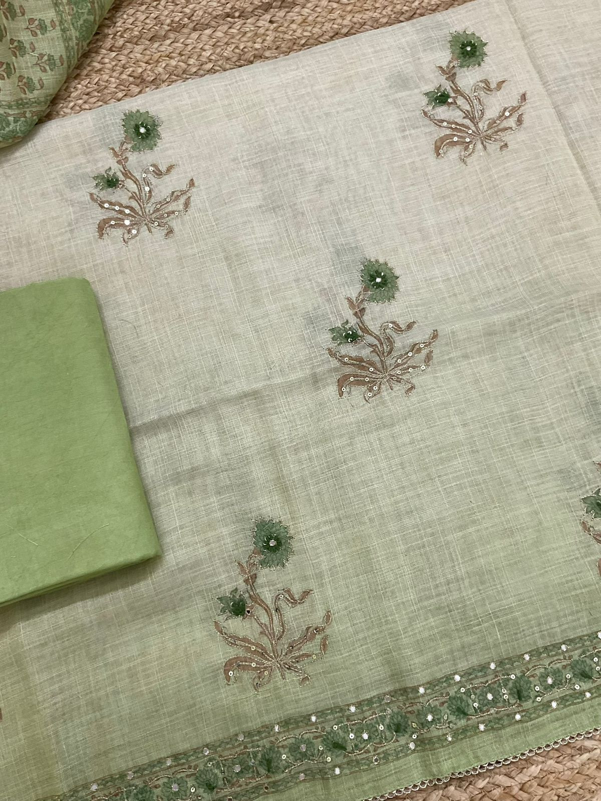 Soft Tissue Slub Cotton Printed Embroidered Suit - Green