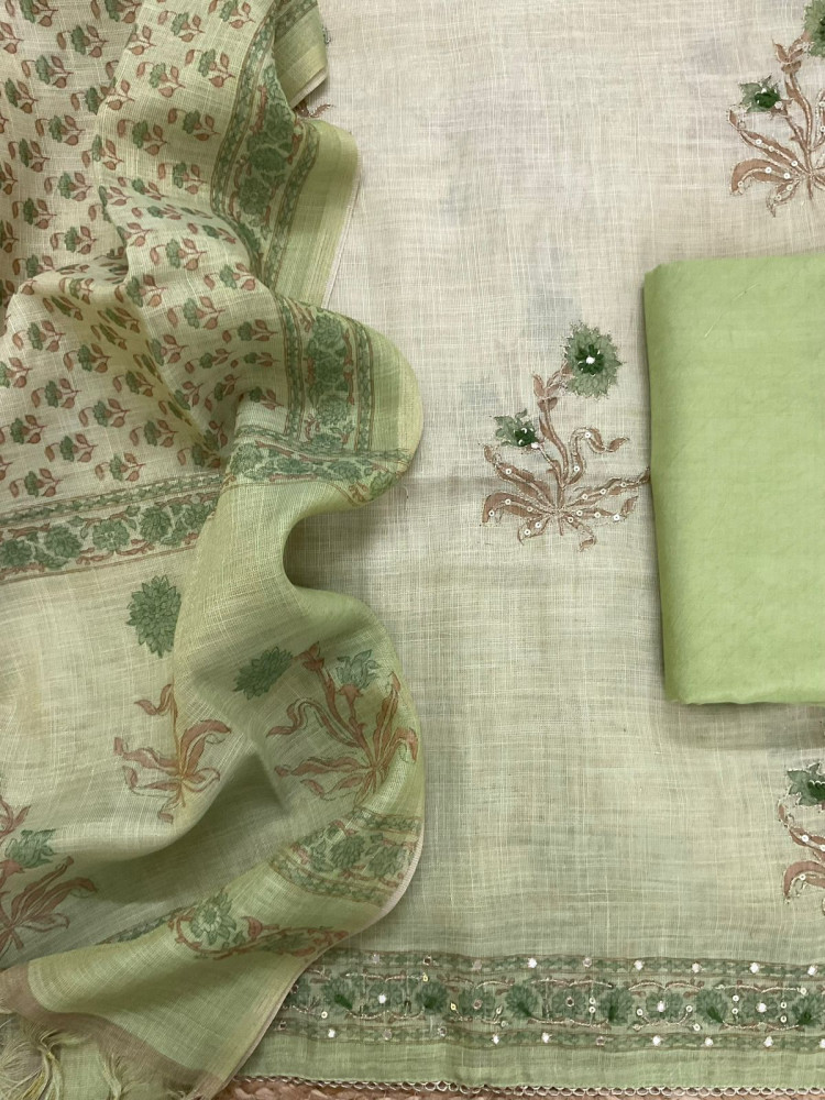 Image of Soft Tissue Slub Cotton Printed Embroidered Suit - Green