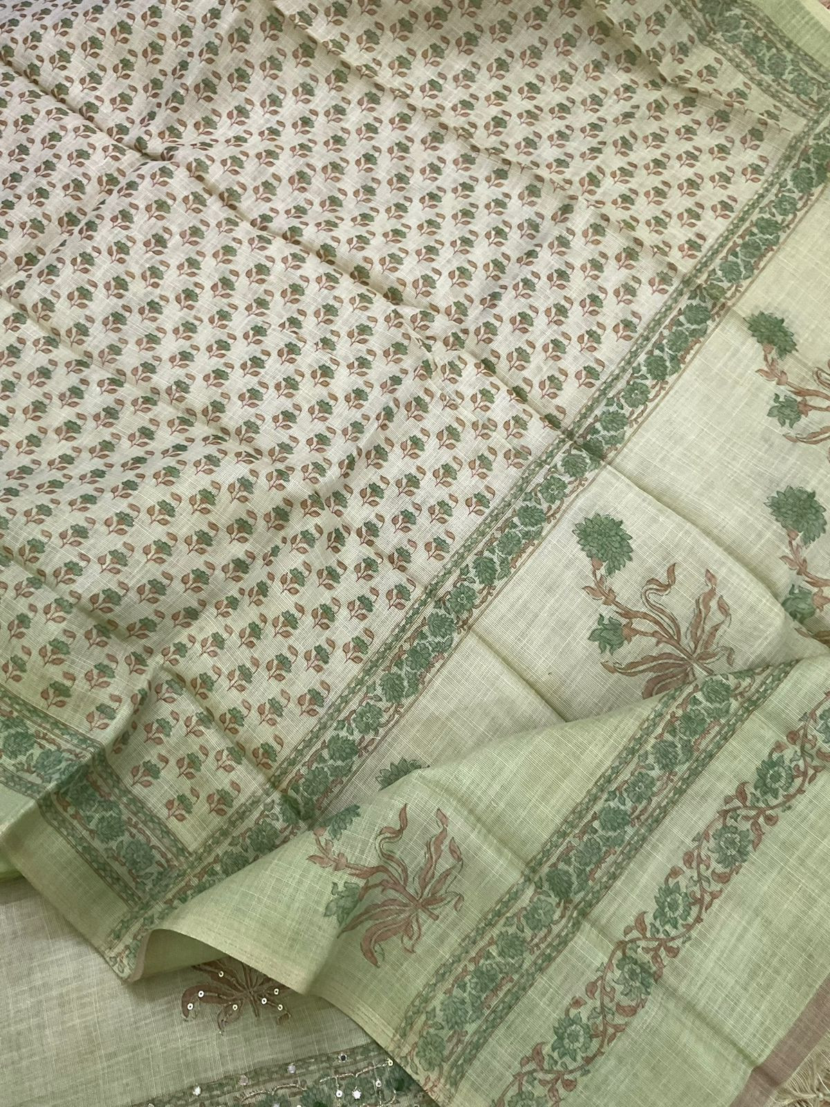 Soft Tissue Slub Cotton Printed Embroidered Suit - Green