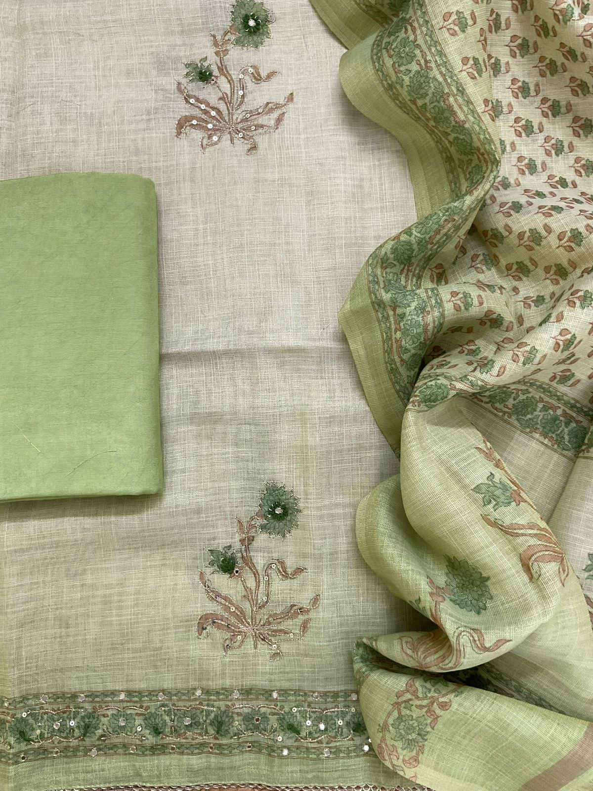 Soft Tissue Slub Cotton Printed Embroidered Suit - Green