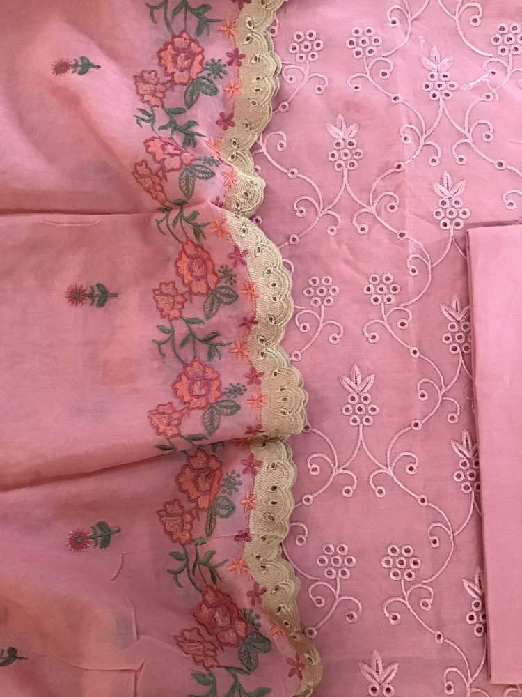 Image of Pure Chanderi Embroidered Suit - Pink