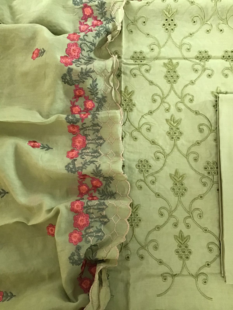 Image of Pure Chanderi Embroidered Suit - Green