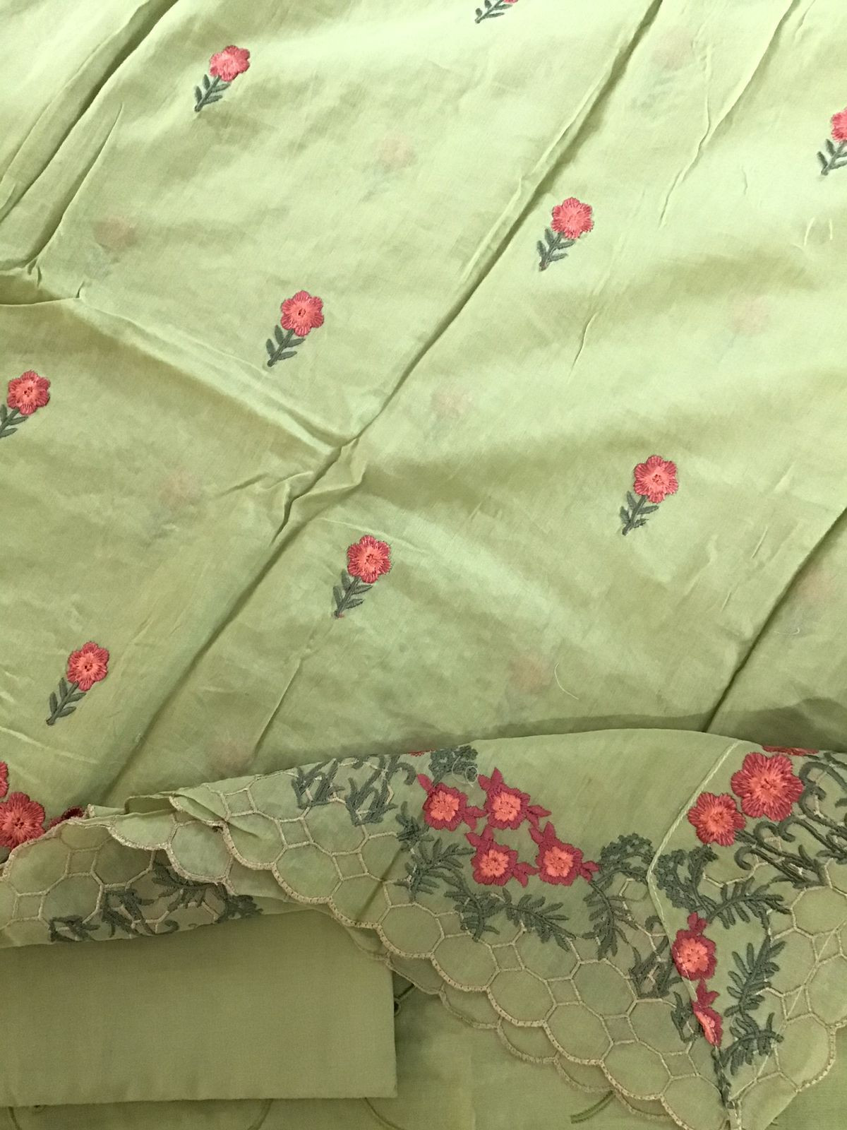 Pure Chanderi Embroidered Suit - Green