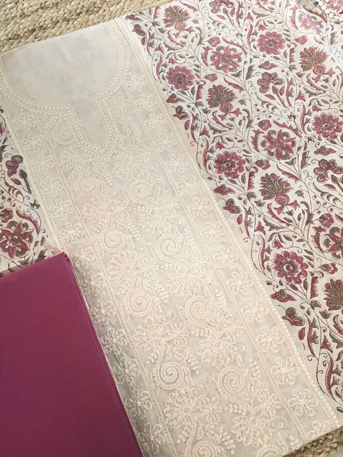 Pure Maheshwari Block Printed Embroidered Suit - Cream