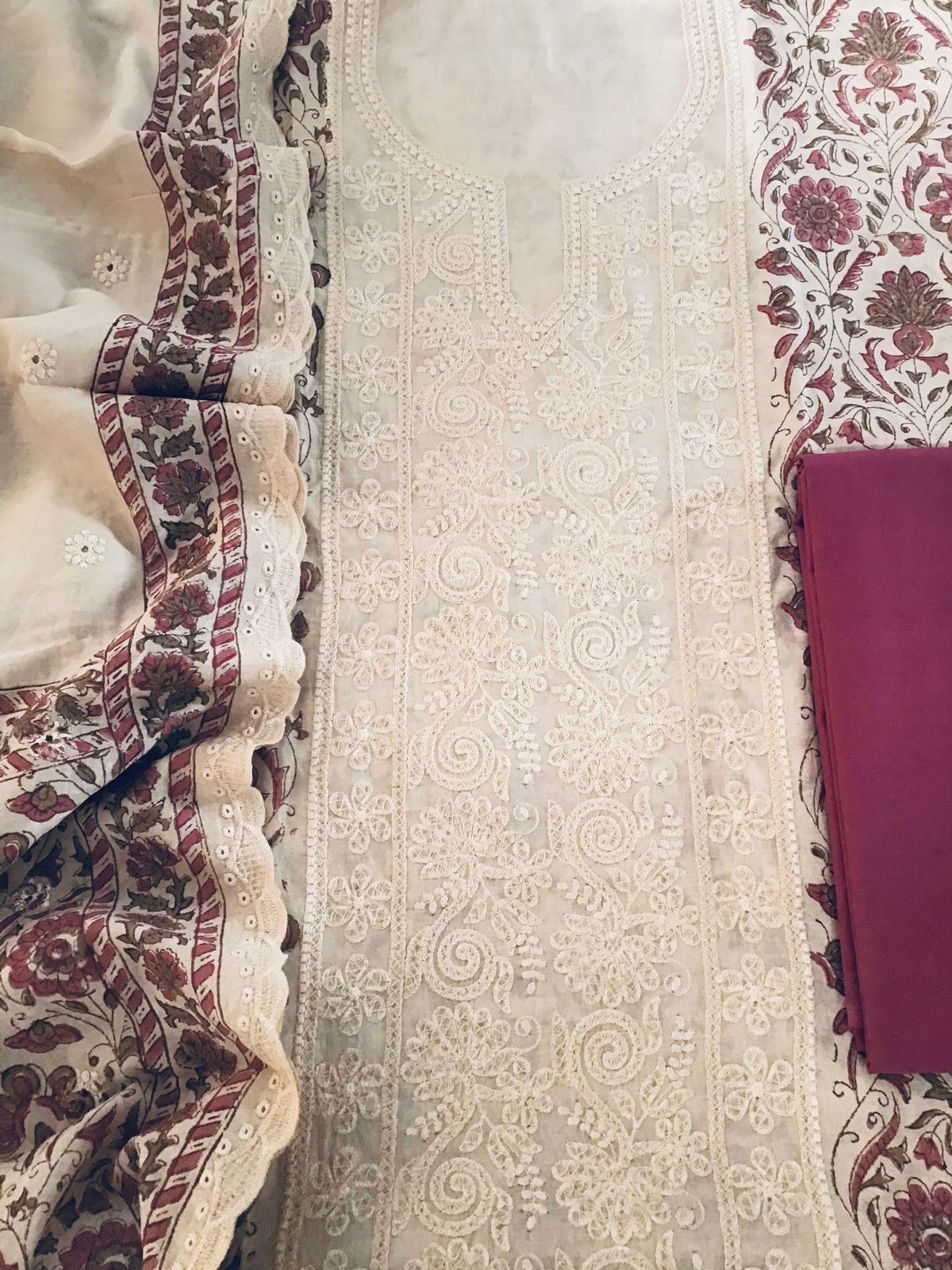 Pure Maheshwari Block Printed Embroidered Suit - Cream