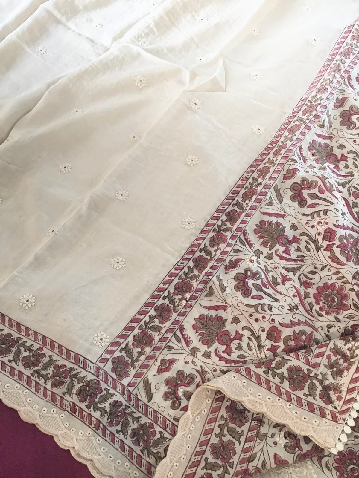 Pure Maheshwari Block Printed Embroidered Suit - Cream