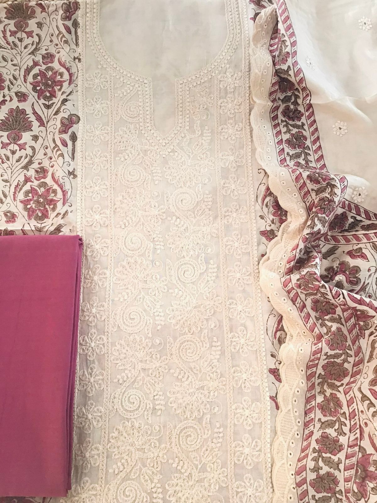 Pure Maheshwari Block Printed Embroidered Suit - Cream