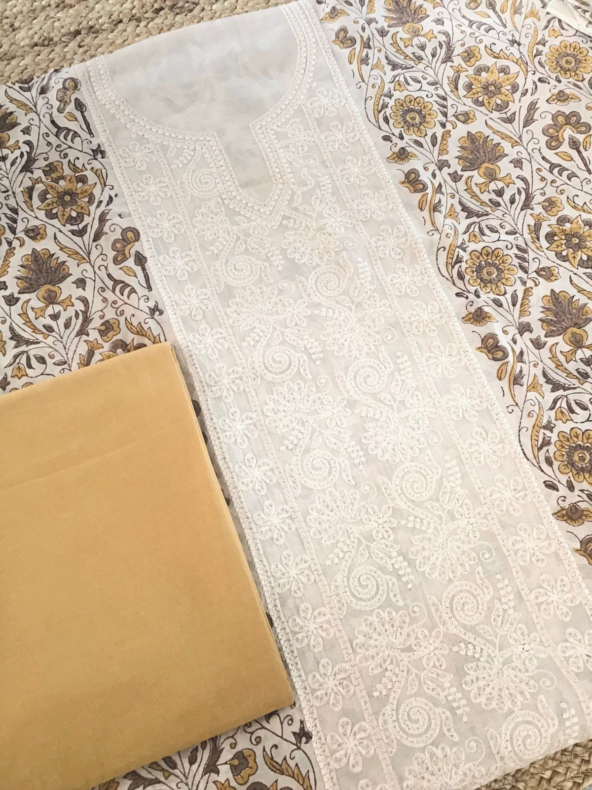 Pure Maheshwari Block Printed Embroidered Suit - Cream