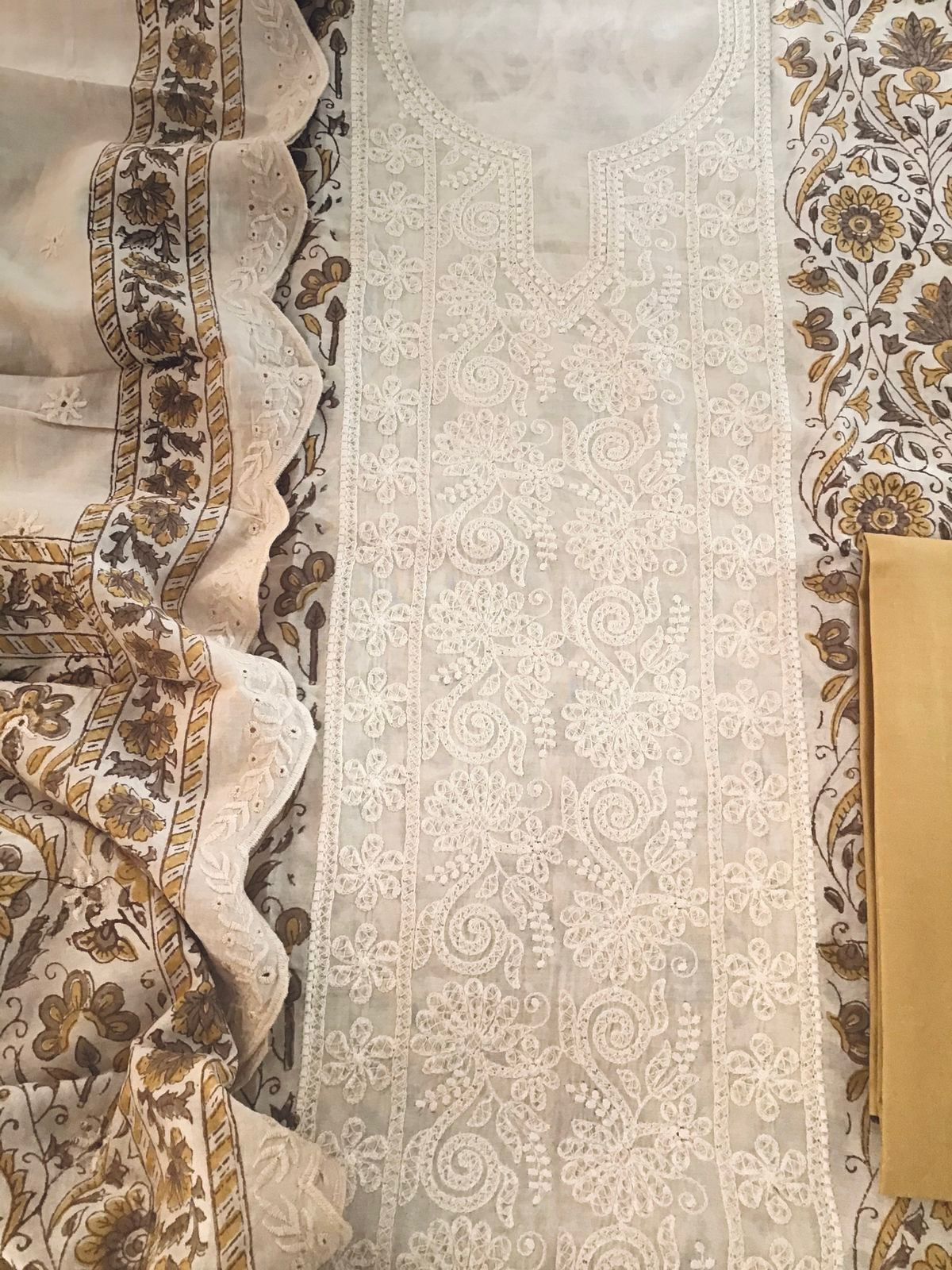 Pure Maheshwari Block Printed Embroidered Suit - Cream