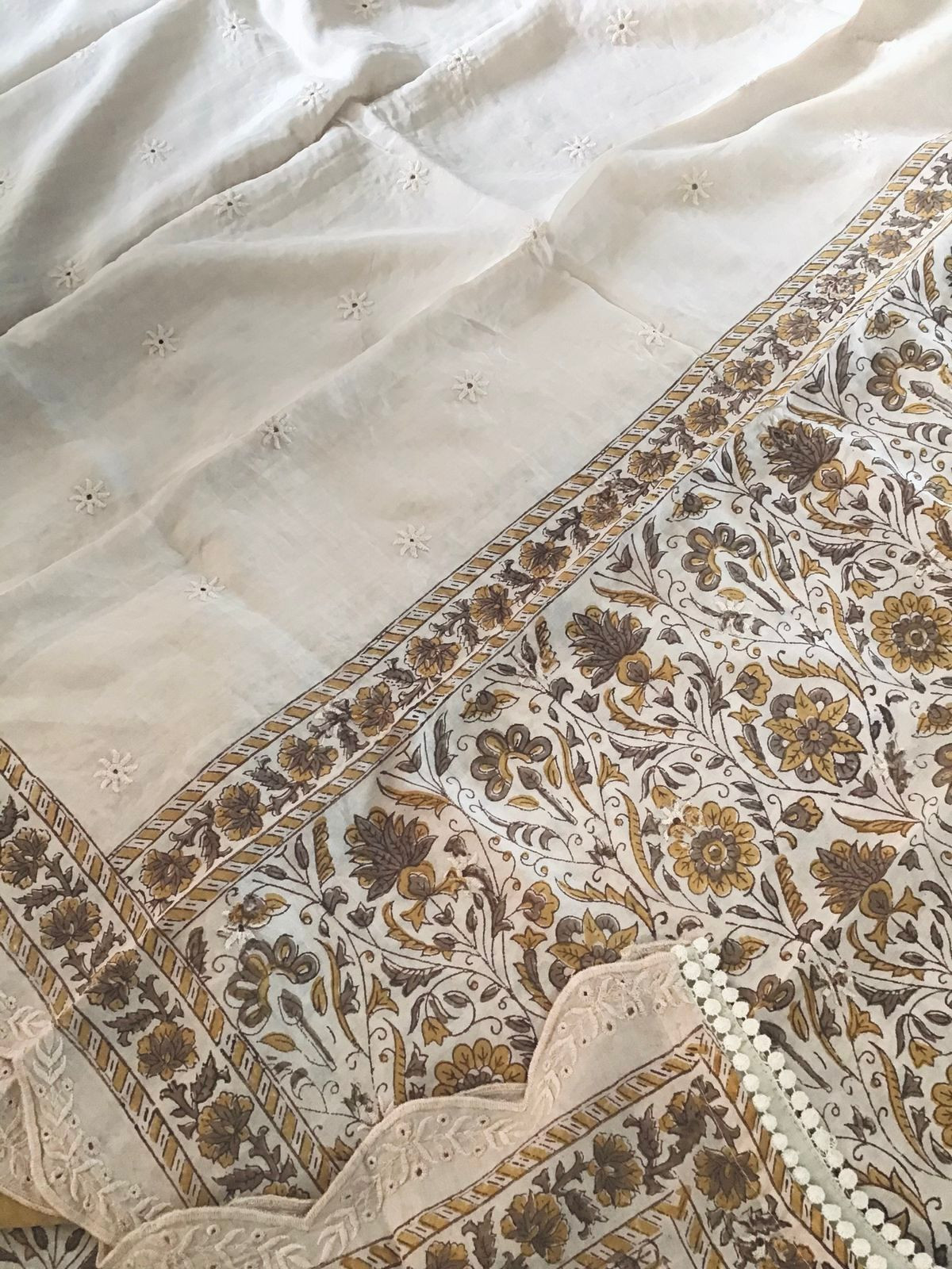 Pure Maheshwari Block Printed Embroidered Suit - Cream