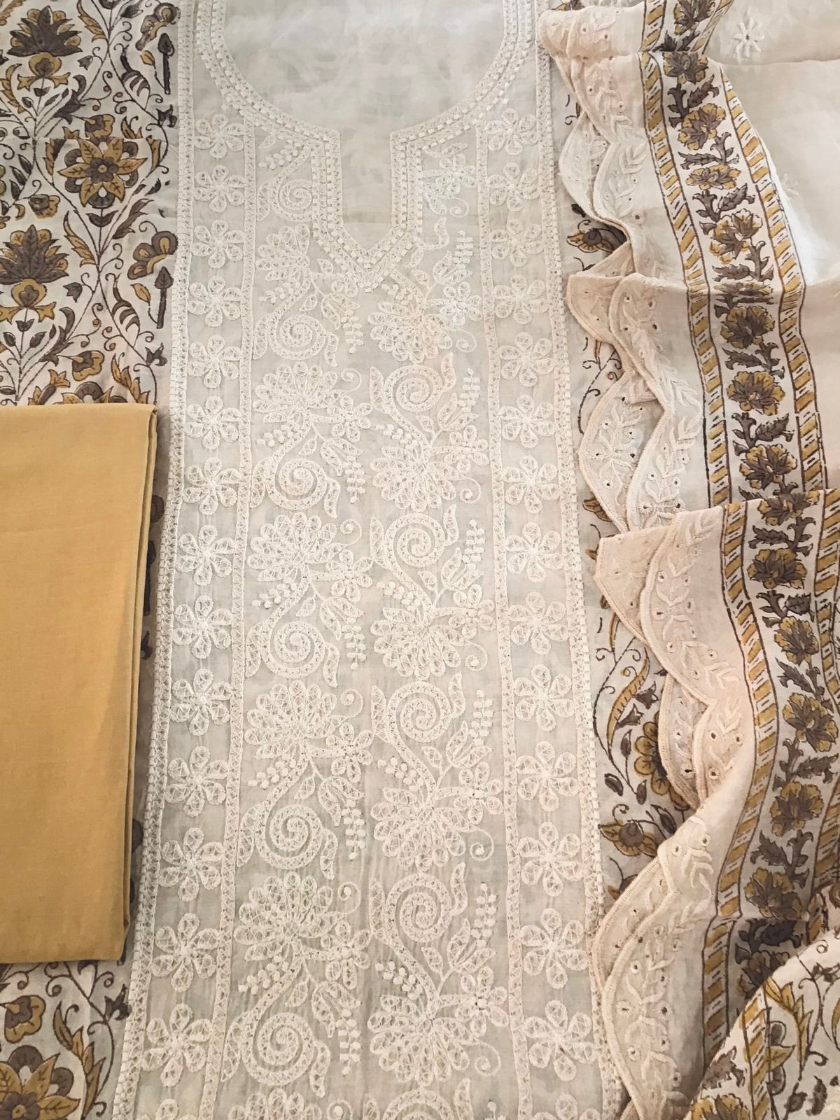 Pure Maheshwari Block Printed Embroidered Suit - Cream