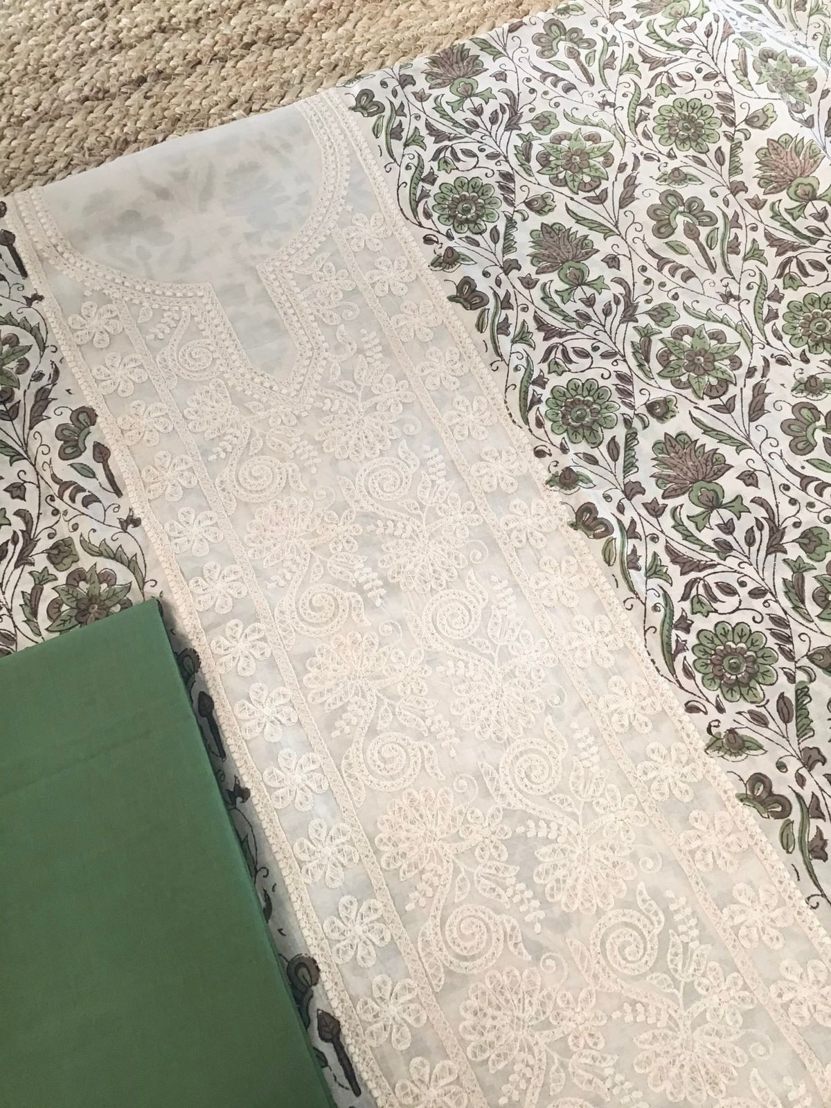 Pure Maheshwari Block Printed Embroidered Suit - Cream