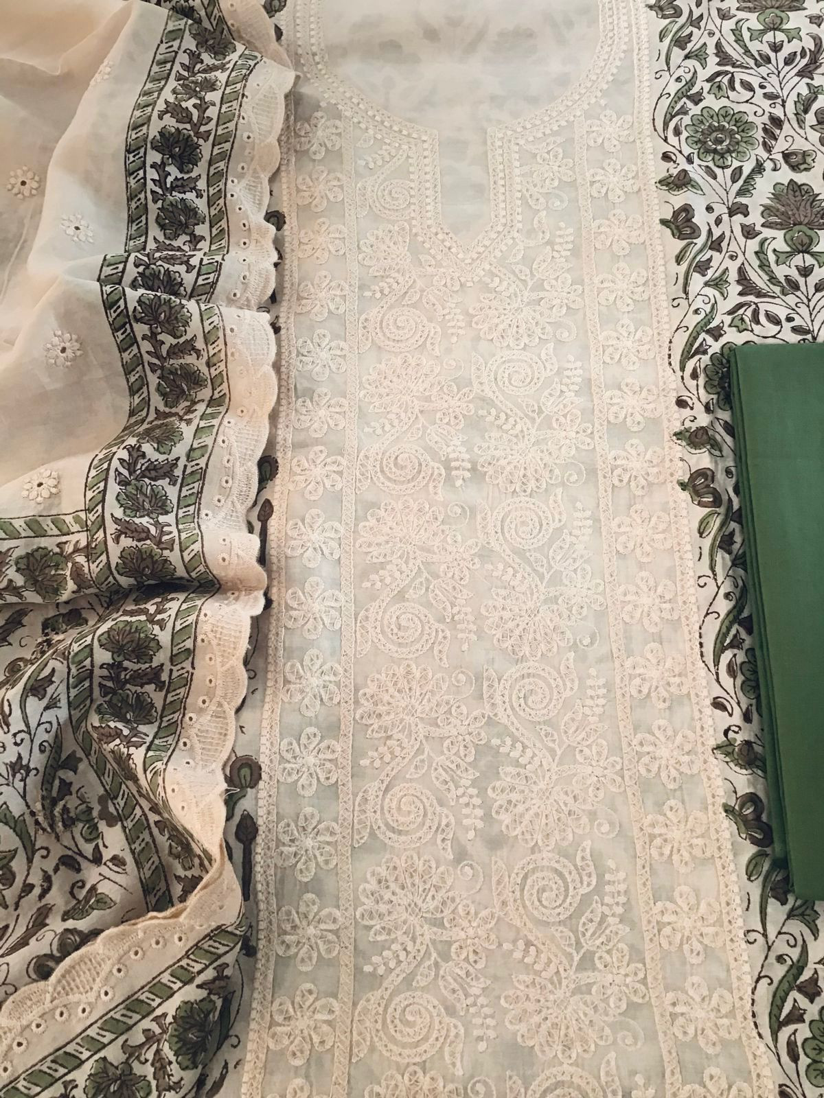 Pure Maheshwari Block Printed Embroidered Suit - Cream