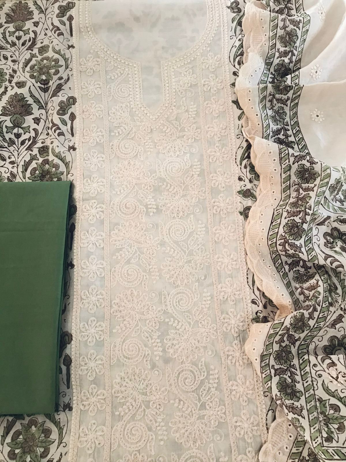 Pure Maheshwari Block Printed Embroidered Suit - Cream