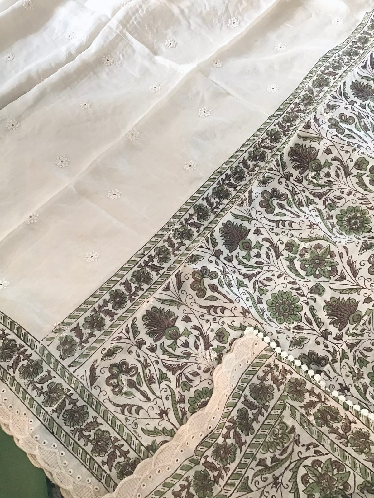 Pure Maheshwari Block Printed Embroidered Suit - Cream