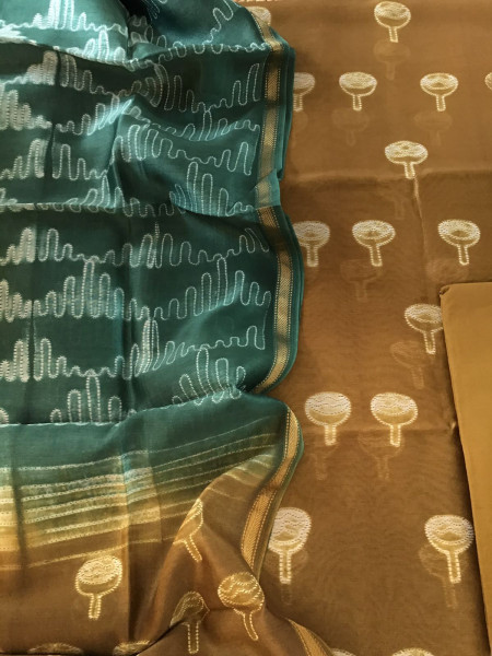 Image of Pure Maheshwari Silk Printed Suit - Goldenish Mustard