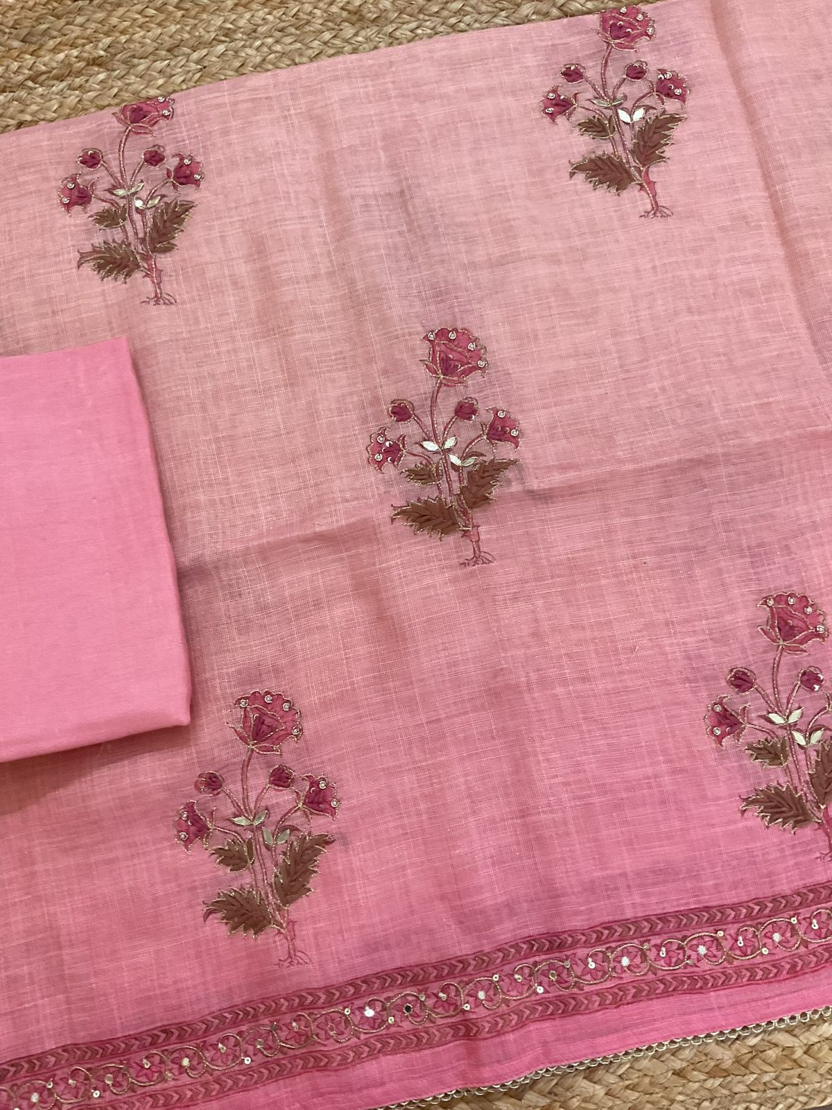 Soft Tissue Slub Cotton Printed Embroidered Suit - Pink