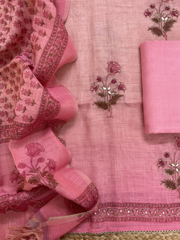 Image of Soft Tissue Slub Cotton Printed Embroidered Suit - Pink