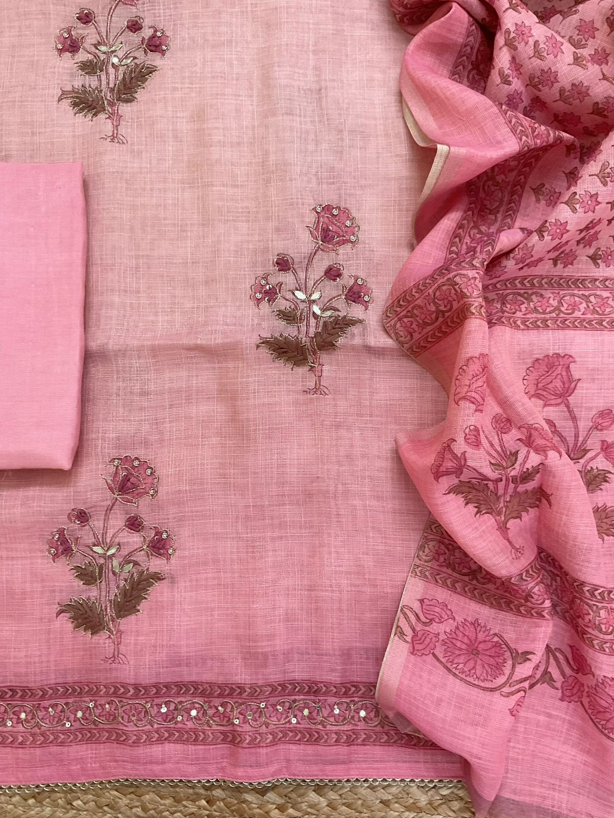 Soft Tissue Slub Cotton Printed Embroidered Suit - Pink
