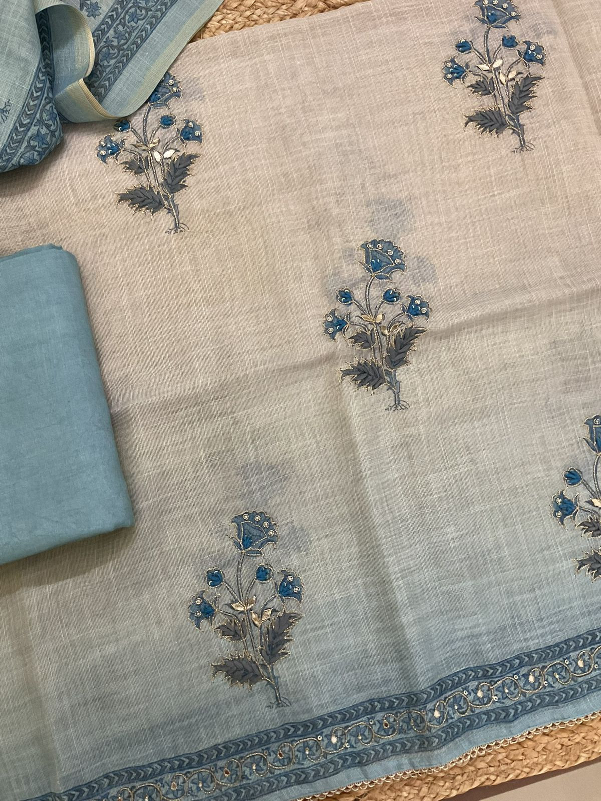 Soft Tissue Slub Cotton Printed Embroidered Suit - Blue