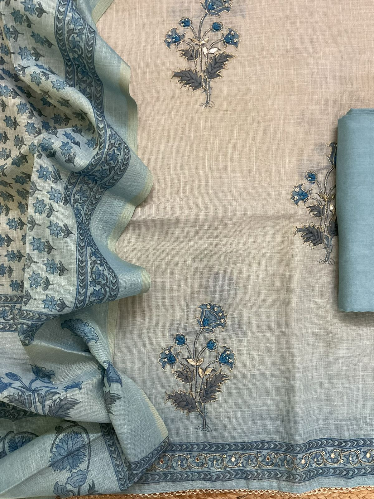 Soft Tissue Slub Cotton Printed Embroidered Suit - Blue