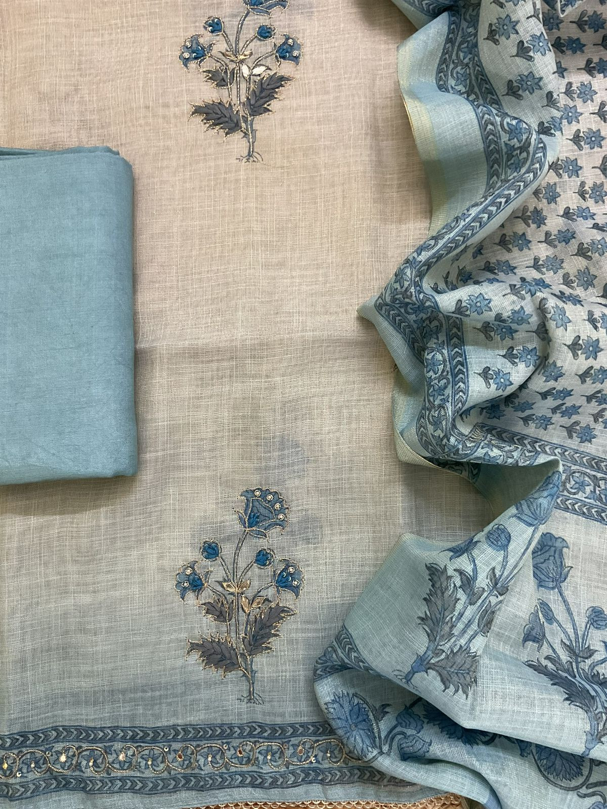 Soft Tissue Slub Cotton Printed Embroidered Suit - Blue