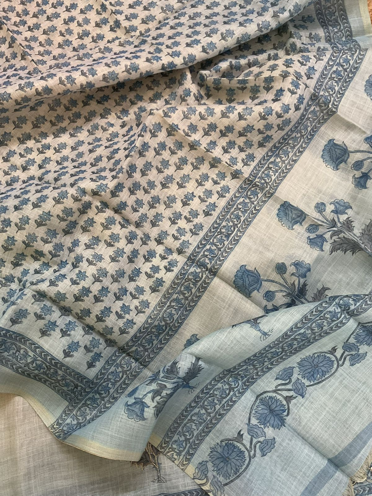Soft Tissue Slub Cotton Printed Embroidered Suit - Blue