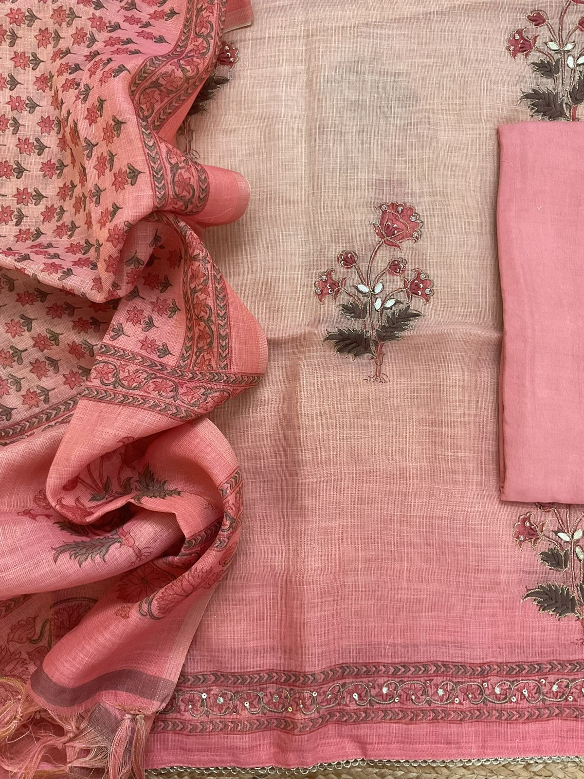 Soft Tissue Slub Cotton Printed Embroidered Suit - Peach