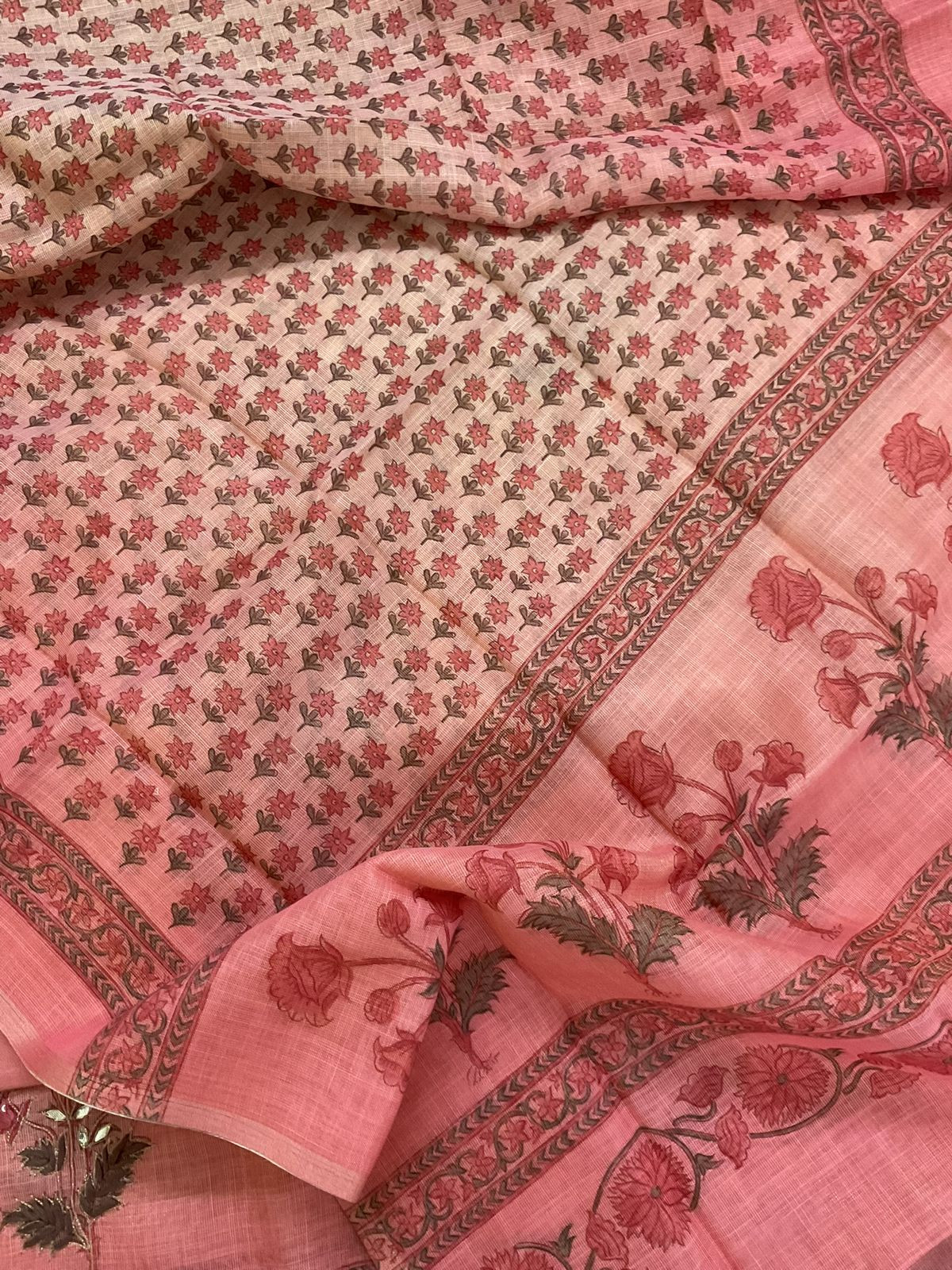 Soft Tissue Slub Cotton Printed Embroidered Suit - Peach