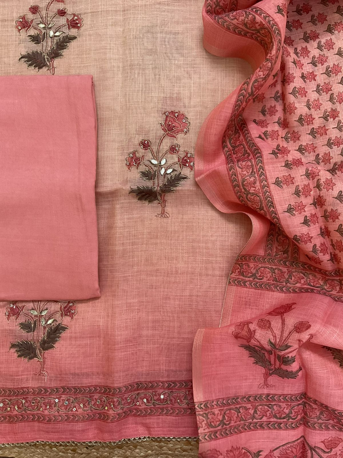 Soft Tissue Slub Cotton Printed Embroidered Suit - Peach