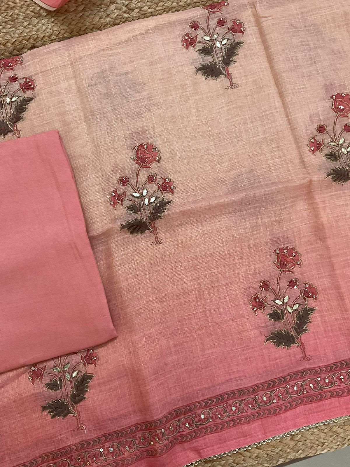 Soft Tissue Slub Cotton Printed Embroidered Suit - Peach