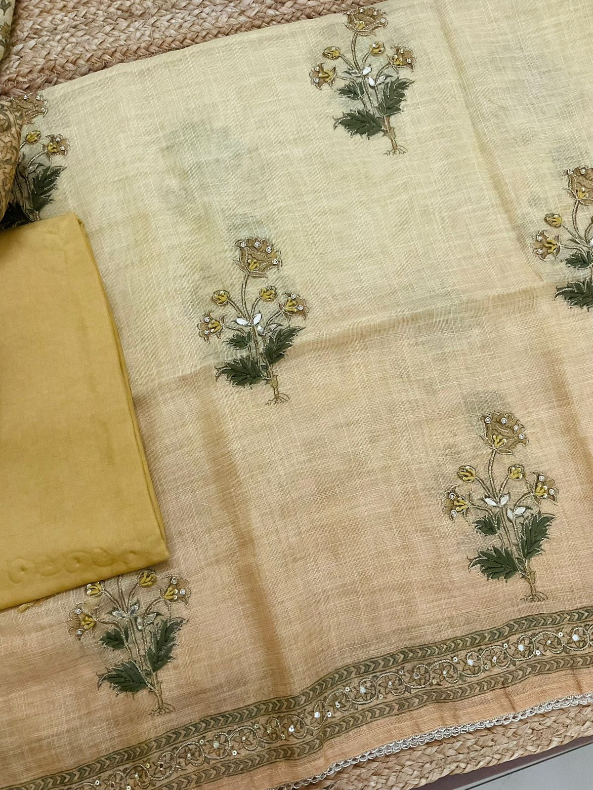 Soft Tissue Slub Cotton Printed Embroidered Suit - Yellow