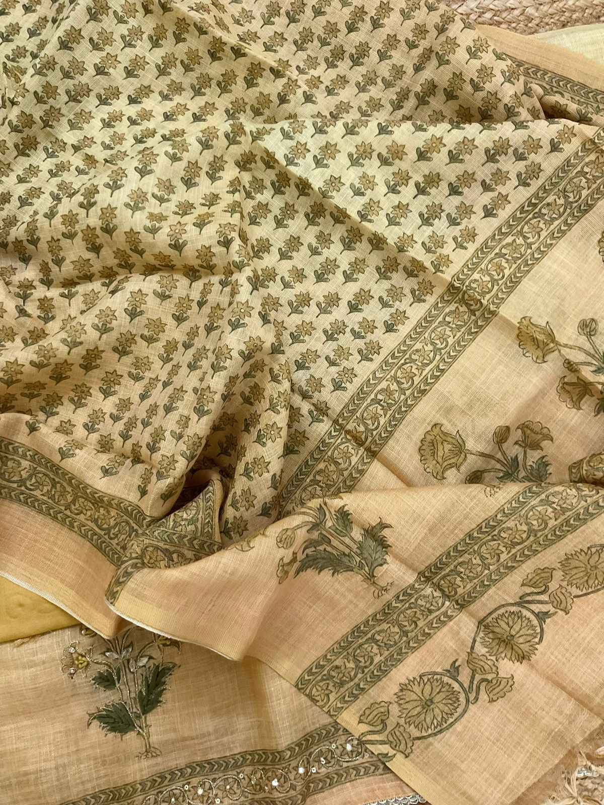 Soft Tissue Slub Cotton Printed Embroidered Suit - Yellow