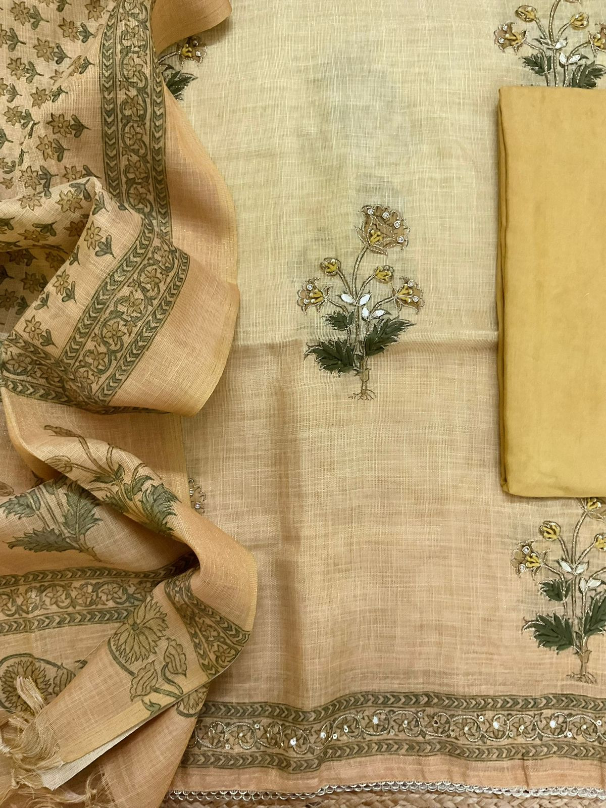 Soft Tissue Slub Cotton Printed Embroidered Suit - Yellow