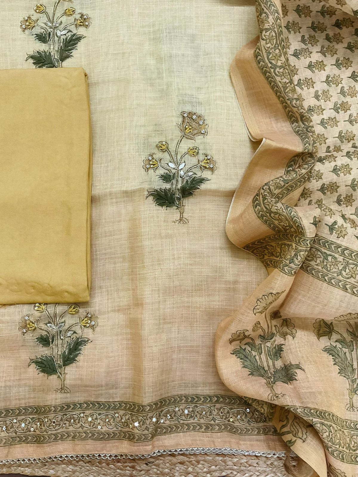 Soft Tissue Slub Cotton Printed Embroidered Suit - Yellow