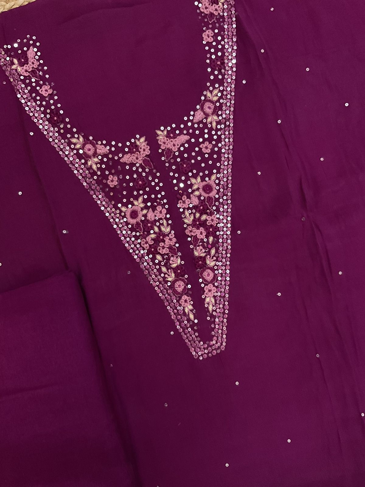 Soft Fine Muslin Embroidered Suit - Wine