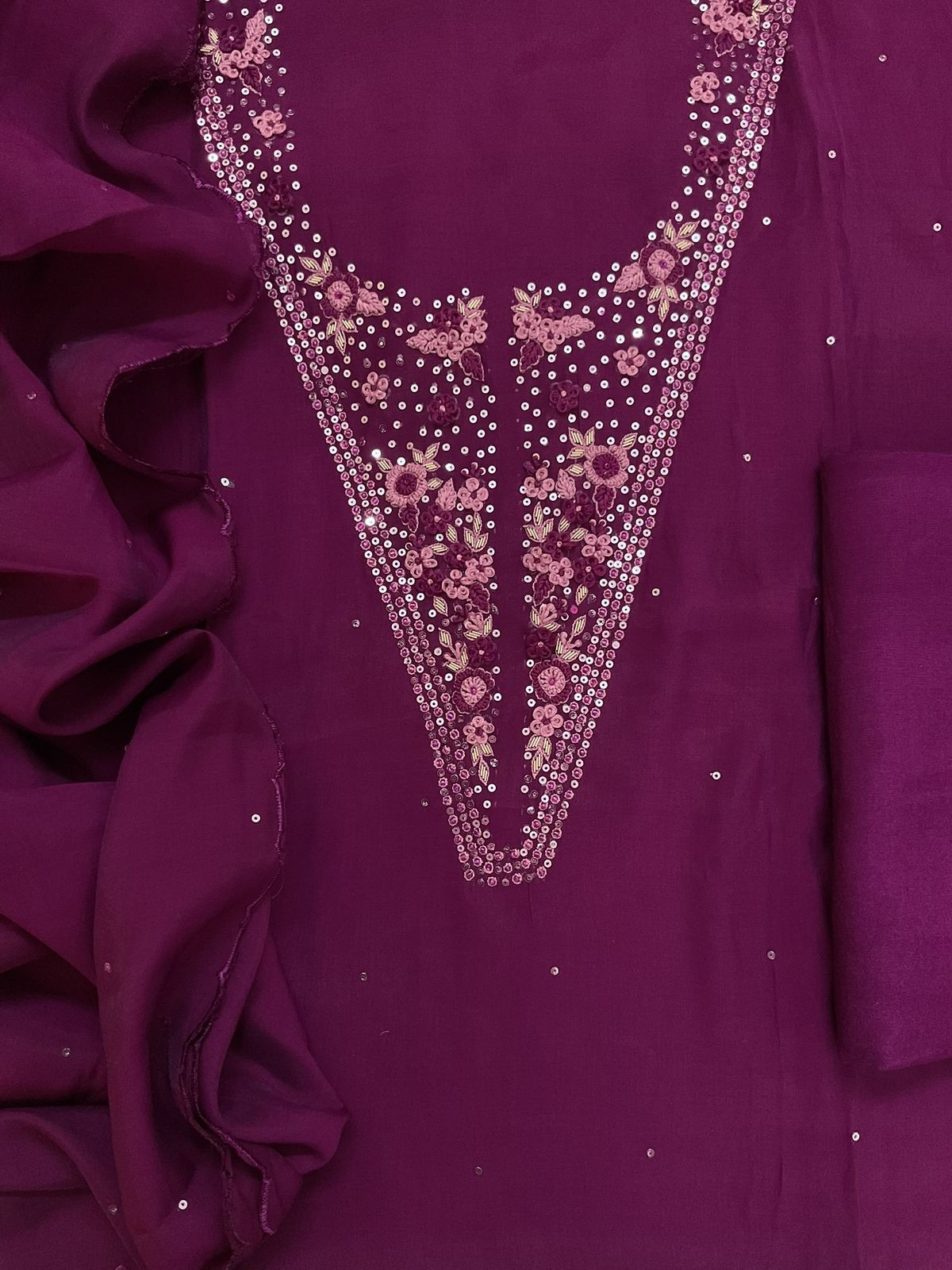 Soft Fine Muslin Embroidered Suit - Wine